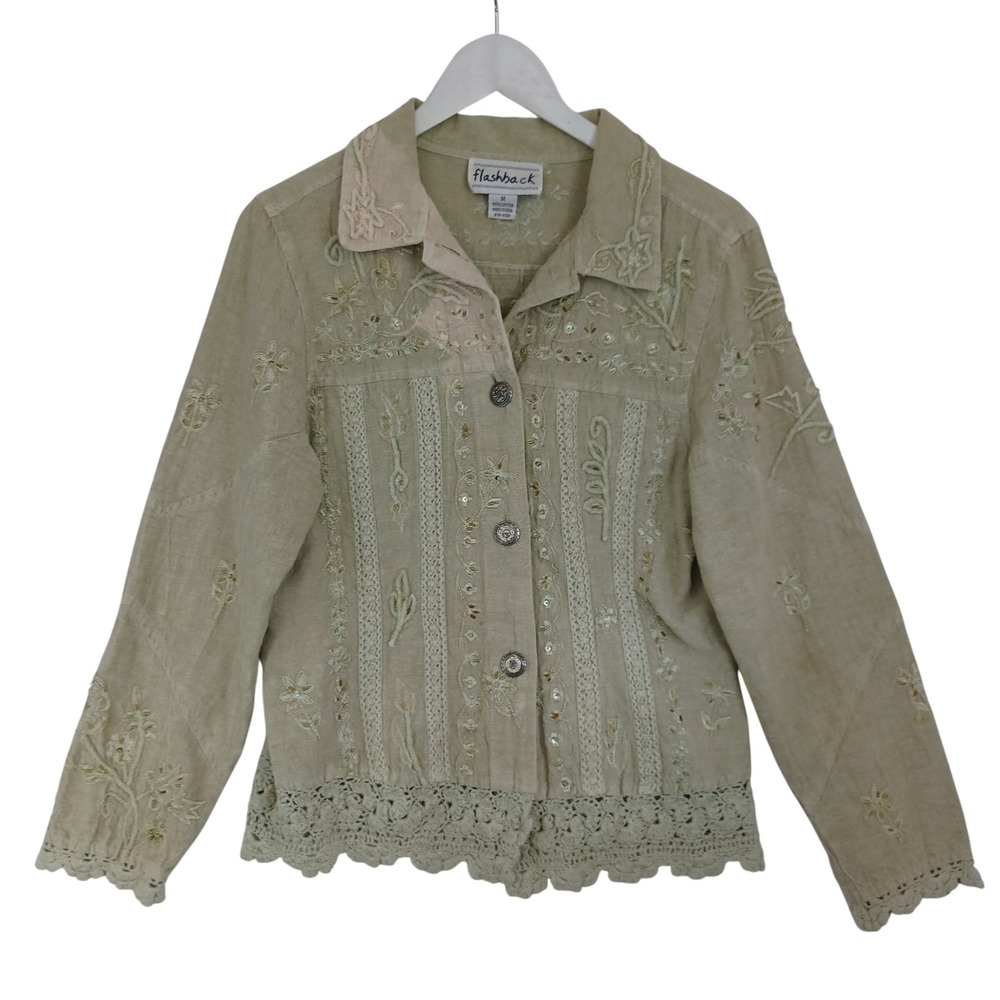 Flashback Womens Sage Green Embroidered Lace Sequin Cotton Boho Jacket Size M